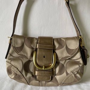 Coach Soho Signature Small Sateen Metallic Small Flap Shoulder Handbag Purse